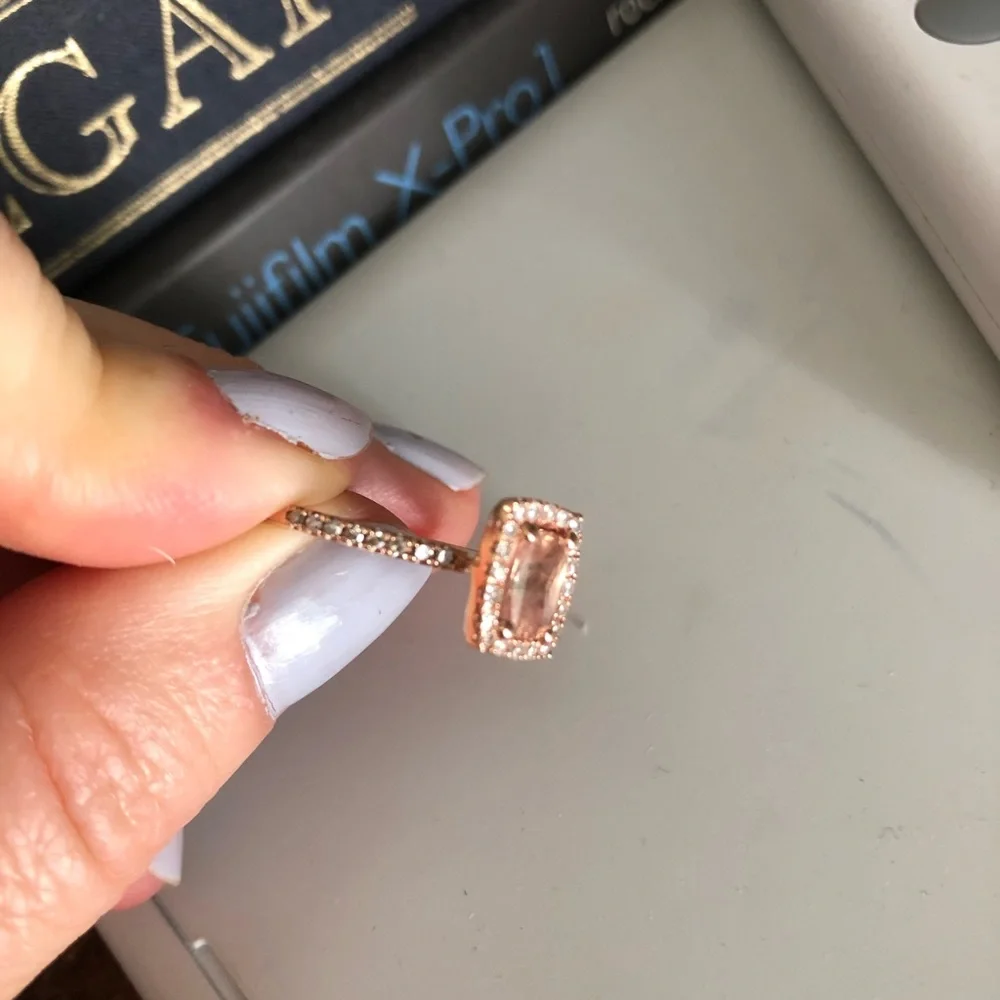 14k rose gold, diamond and emerald cut peach sapphire engagement ring - Picture 6 of 16